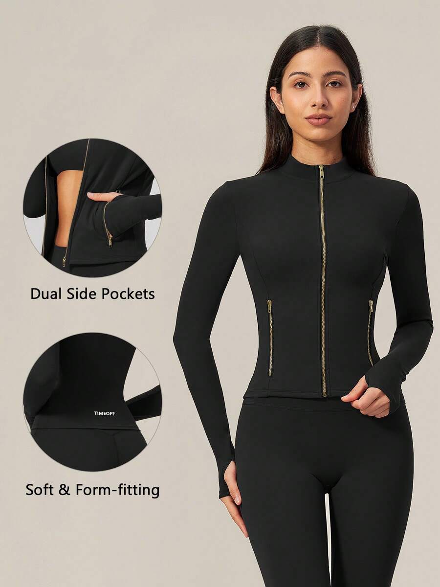 TimeOff Women's 1pc Solid Color Stand Collar Zipper Side Pocket Thumb Hole Jacket Coat, Autumn/Winter - Black - View 1