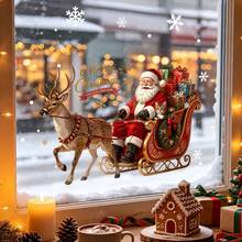 1/3pcs Santa Claus Riding A Reindeer Sleigh Window Sticker, Double-Sided PVC Electrostatic Adsorption Window Sticker, Suitable For Living Rooms, Dining Rooms, Shops, Cafes, And Home Decoration. - Multicolor - View 2