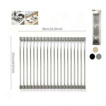 Foldable Sink Drying Rack, With Stainless‑Steel Poles And Silicone Edging. Available In Multiple Sizes And Colors, Heat‑Resistant, For Draining Tableware. It Can Be Rolled Up For Storage After Use To Save Kitchen Space. - Multiple Specifications - View 13