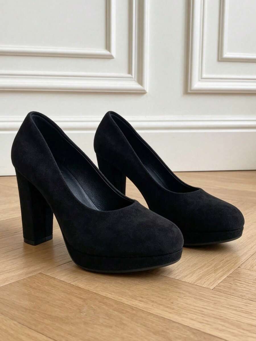 Solid Color Commuter Party Casual Minimalist Waterproof Platform Chunky Heel Women Pumps - Black - View 1