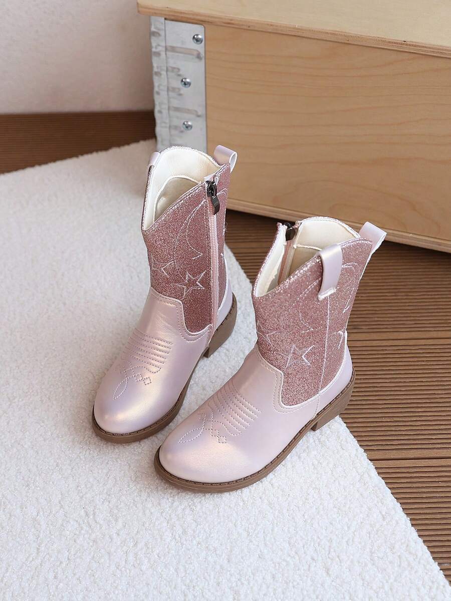 1雙女童刺繡中筒靴,兒童亮片中筒靴附側拉鍊,防滑復古時尚靴 - 粉色 - 查看 1