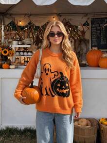 Women's Vintage Loose Knit Sweater With Jacquard Design, High-End Feel, Suitable For Halloween, Autumn/Winter - Orange - View 1