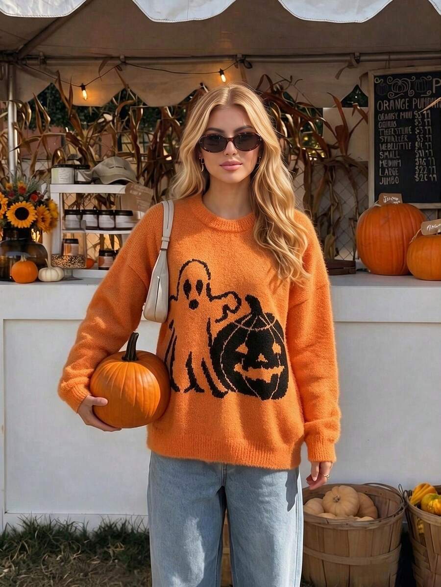 Women's Vintage Loose Knit Sweater With Jacquard Design, High-End Feel, Suitable For Halloween, Autumn/Winter - Orange - View 1