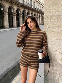 Women Fall Winter Color‑Block Striped Waffle Knit Two‑Piece Set, Long Sleeve Top & Shorts, Soft Y2K Retro Streetwear Loungewear For Vacation - Multicolor - View 5