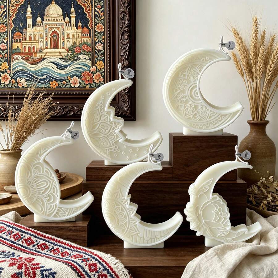 Festival Theme Crescent Moon Scented Candle, Vintage Embossed Carved Moon Shaped Candle, Home Desktop Decor Ornament, Holiday Party Atmosphere Prop, Gift Souvenir - Eastern European Style Moon Scented Candle - View 1