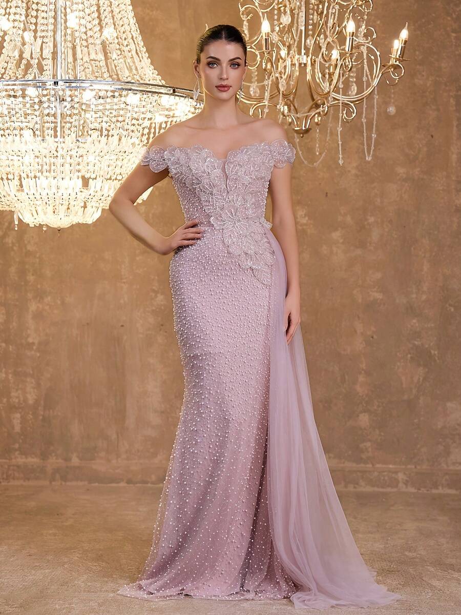 Sexy Off-Shoulder Asymmetrical Floral Embellished Sequin Bead Pearl Puff Embroidery Bodycon Fishtail Skirt Mesh Side Drape Evening Gown - Pink - View 1