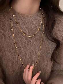 1PC Layered Beaded Chain Long Necklace, Vintage Y‑Shape Wrap Necklace, Dainty Statement Neck Jewelry For Women Daily Party Occasions - Gold - View 5