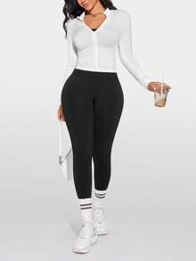 Women's Solid Color High Waist Fashionable Fitness Shaping Leggings - Black - View 6