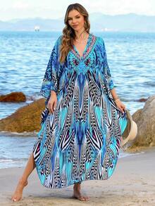 Women's Plus Friendly Printed Long Sleeve Kaftan Maxi Dress V Neck Side Slit Caftan Autumn Winter - Blue - View 9
