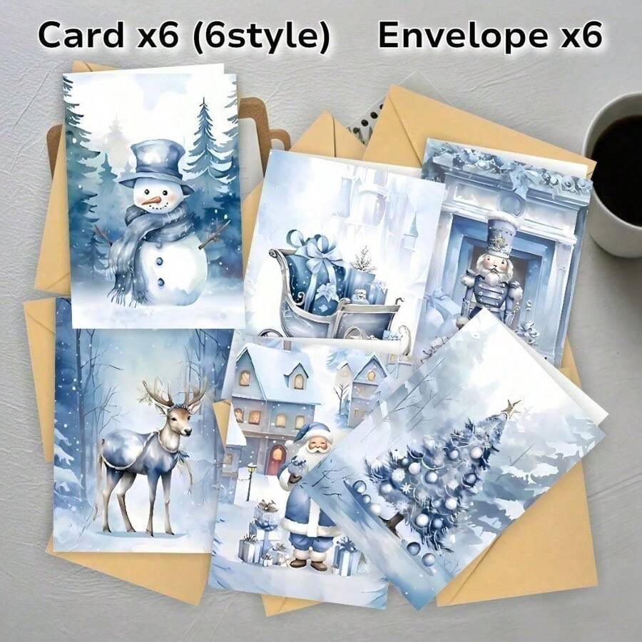 1 Set Christmas Holiday Thank You Card Set - With Envelopes, Includes 6 Cards And 6 Envelopes, Perfect For Winter Holiday Gatherings. Featuring Designs Of Blue Santa, Snowman, Blooming Flower, Reindeer And Christmas Tree, Suitable For Christmas, Thanksgiving, Birthday Parties And Celebrations, Blank Inside, 3D Display, High-Quality Paper.