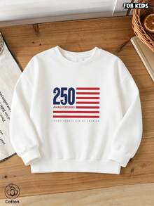 Children's Casual Pure Cotton Pullover Hoodie With Red And Blue Stripes Paired With 250 Digit Print, Suitable For Daily Wear In Spring And Autumn - White - View 2