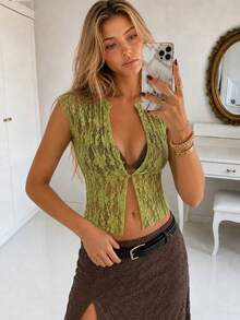 Women's Casual Elegant Vacation Solid Color Sexy Style Green Hollow Lace Semi-Transparent Button Knit Cardigan Top, Summer Beach - Green - View 1