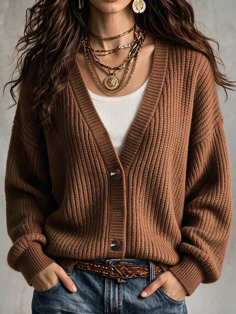 كارديجان نسائي فضفاض من SEREN بتصميم محبوك بياقة على شكل حرف V، تصميم أزرار أمامية، كنزة صوفية صوفية بأكمام طويلة بطراز عتيق، مناسبة للارتداء في الخريف/الشتاء - بني - مشاهدة 1