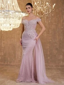Sexy Off-Shoulder Asymmetrical Floral Embellished Sequin Bead Pearl Puff Embroidery Bodycon Fishtail Skirt Mesh Side Drape Evening Gown - Pink - View 2