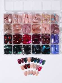 24pcs Y2K Style Short Oval French Cat Eye Press-On Nails Set, Acrylic Nails, Purple, Pink, Blue, Red And Macaron Colors - Multicolor - View 2