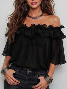 2026 New Off-Shoulder Top, Navy Blue Shirt, Ruffle Top, Double Layer Ruffle, Dark Blue Solid Color, Midnight Blue, Plus Size Friendly Black Summer - Black - View 6