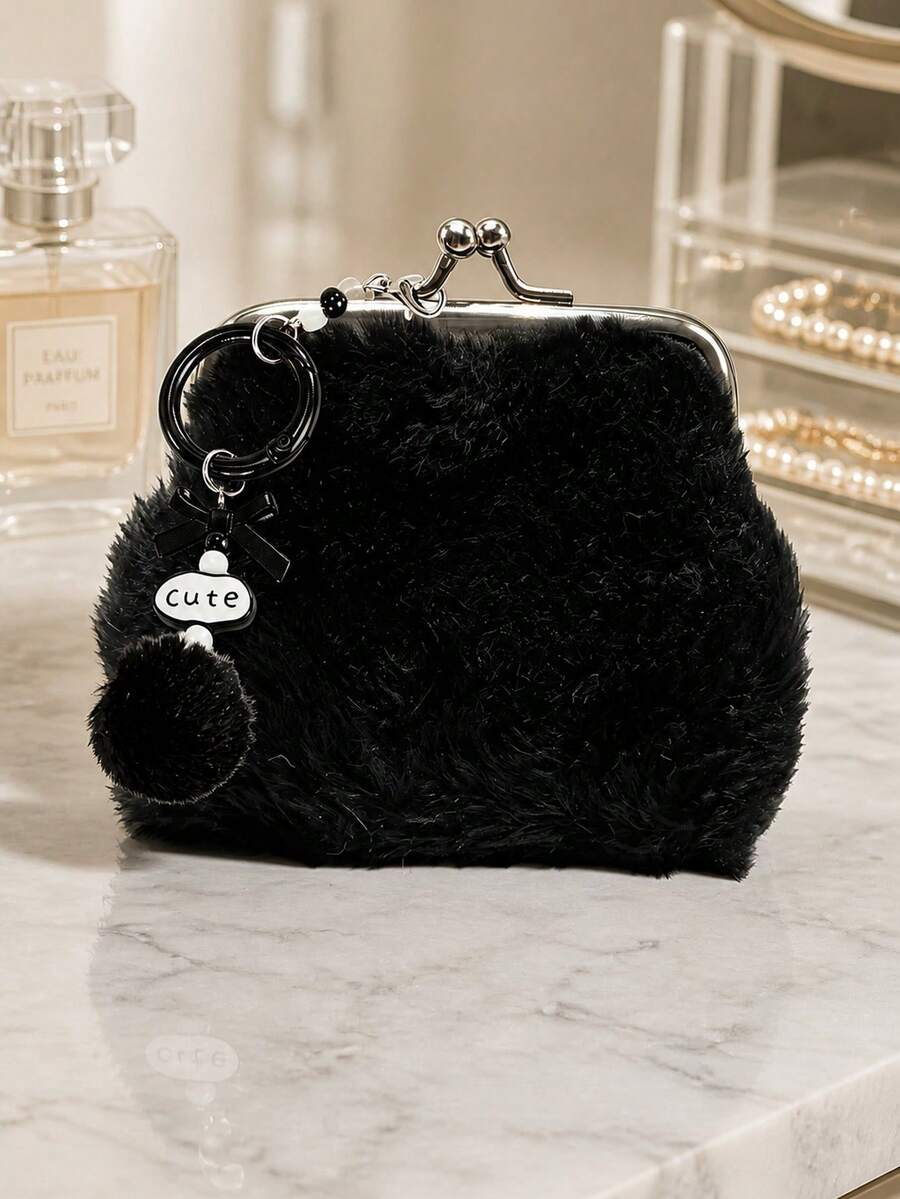 Sweet Plush Coin Purse, "Cute" Letter Bow Plush Ball Pendant Coin Purse, Women's Coin Wallet, Portable Compact Coin Wallet - Multicolor - View 1