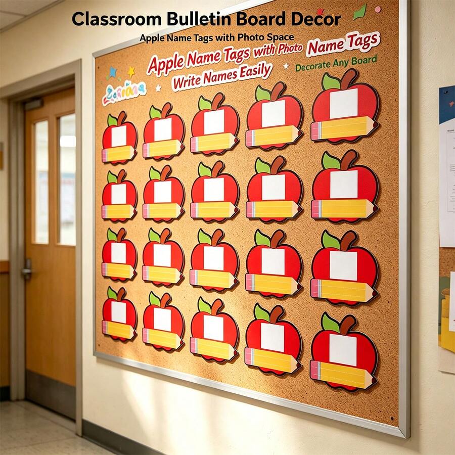 Classroom Name Tags With Photo Space, Photo Nameplate Labels, Back To School Apple Classroom Decor, Bulletin Board Decorations, Desk Name Tags (Includes Adhesive Dots) - A - View 1
