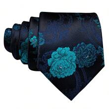 Floral Teal Necktie Pocket Square Cufflinks 3pcs Kit For Museum Gala & Theatre Formal Outfit - Teal Blue - View 2