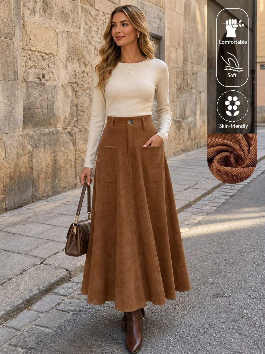 EARO French Retro Women's Casual Minimalist Daily Versatile Front Button Pocket Solid Color A-Line Skirt, Spring/Autumn Brown - Brown - View 1