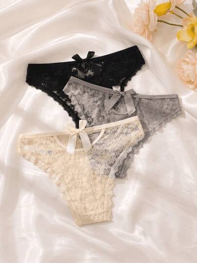 3pcs Solid Color Back Bow Lace Women's Triangle Panties, Romantic Sexy Ladies Underwear