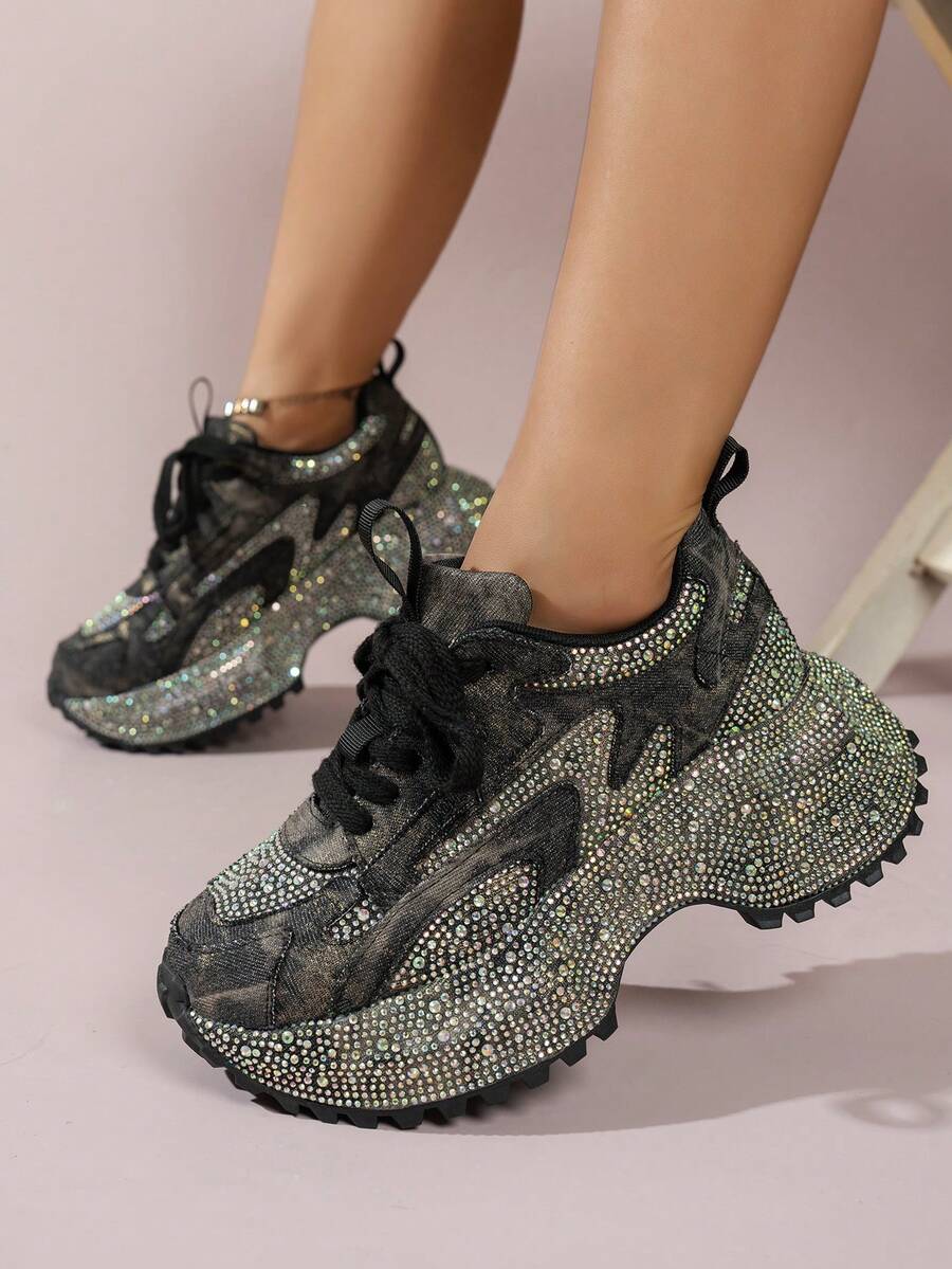 Women's Black Rhinestone Low-Top Thick Sole Lace-Up Casual Sports Shoes, Shiny Height-Increasing Daily Wear Shoes