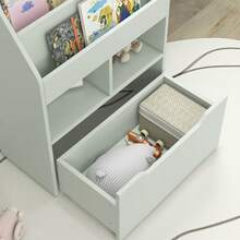 Multifunctionele boekenkast met 3 planken, 2 vakken en een grote houten lade in lichtgroen. - A - Bekijken 8