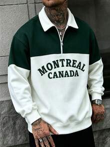 Men's Spring/Autumn Polo Collar Half-Zip Contrast Color Design Vintage Letter Print Fashion Casual Long Sleeve Sweatshirt - Army Green - View 1