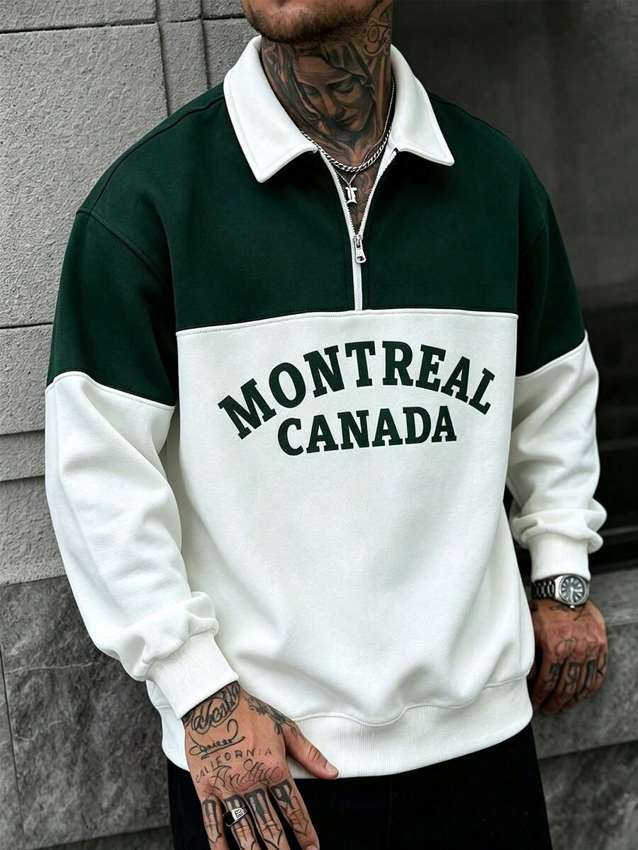 Men's Spring/Autumn Polo Collar Half-Zip Contrast Color Design Vintage Letter Print Fashion Casual Long Sleeve Sweatshirt - Army Green - View 1