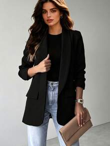 Women's Black Polyester Long Sleeve Regular Fit Long Blazer, Elegant Autumn Professional Attire, Exuding Noble Elegant Fall - Black - View 5