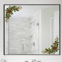 1pc Holiday Holly Berry Mirror Sticker, Double Corner Floral Leaf Frame Mirror Glass Decorative Decal - Multicolor - View 3