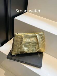 Autumn New Fashion Solid Color Clutch Bag Crocodile Texture Pleated Cloud Bag Solid Color Casual Bag Envelope Bag Makeup Bag Travel Accessory Bag Inner Bag Toiletry Bag Storage Bag - Gold - View 2