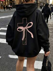 1件青少年女孩休閒印花套頭連帽衛衣，秋冬學生兒童長袖抓絨內裡加厚上衣 - 黑色 - 查看 1