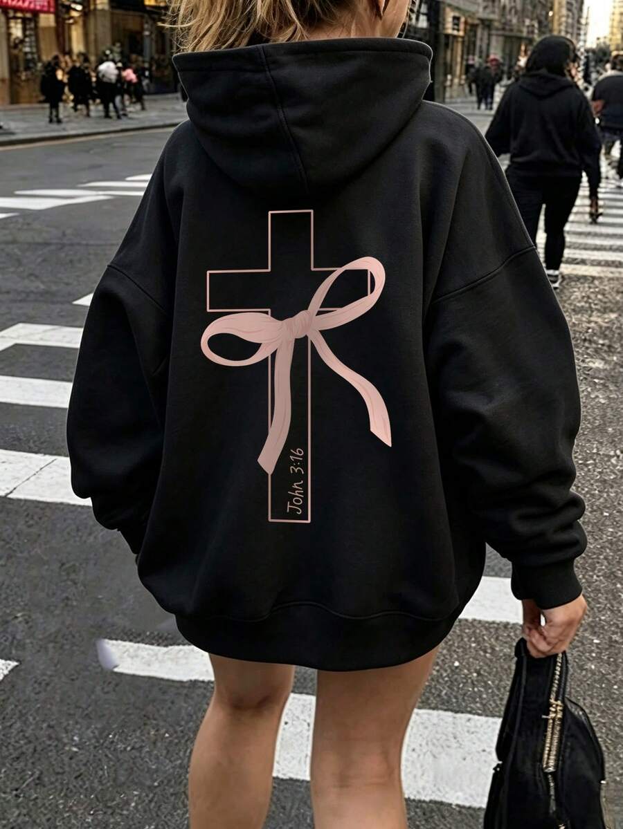 1件青少年女孩休閒印花套頭連帽衛衣，秋冬學生兒童長袖抓絨內裡加厚上衣 - 黑色 - 查看 1