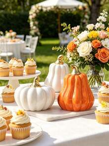 Matte Gold Stem Pumpkin Decor, Neutral White And Orange Mini Pumpkin Tabletop Decoration, Modern Country Style Design - A - View 3
