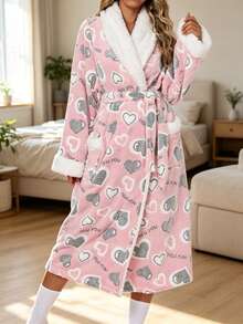 1pc Women's Flannel Heart Print Long Sleeve Hooded Tie Bathrobe Loungewear - Pink - View 2