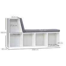 Estante/banco 2 em 1 com 5 compartimentos de arrumação e 2 almofadas, 108 x 30 x 60 cm, branco/cinzento - A - Ver 5