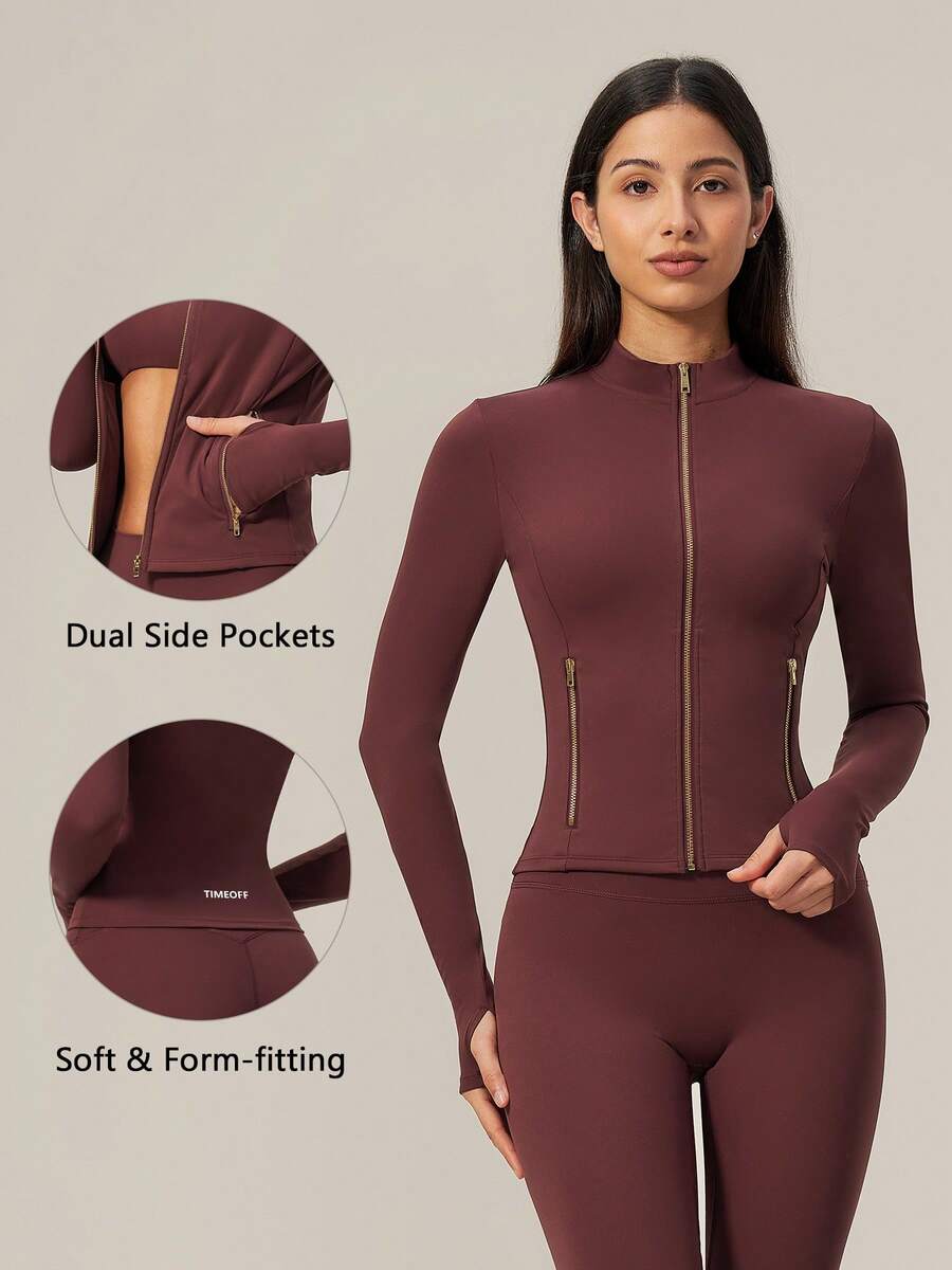 TimeOff Women's 1pc Solid Color Stand Collar Zip-Up Jacket With Side Pockets And Thumb Holes, Autumn/Winter - Red - View 1