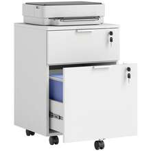 HOMCOM Caisson de bureau, meuble de rangement 2 tiroirs 2 barres de suspension dossier suspendu, verrouillable 2 clés, 4 roulettes 42x40x60 cm blanc - Blanc - Voir 1