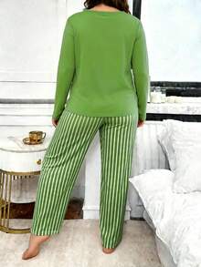 Women's Plus Size Pajama Set, Long Sleeve Long Pants Loungewear Set, Autumn/Winter Clothing - Green - View 2