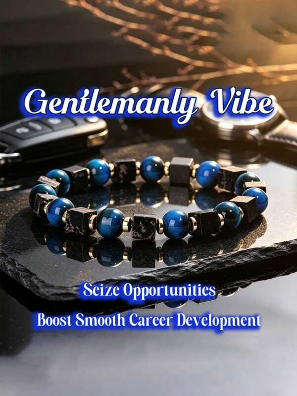 Natural Blue Tiger Eye & Black Imperial Stone Square & Round Bead Bracelet, Symbolizing Insight And Opportunity To Boost Career Success, Versatile Business Gentleman Men's Jewelry Gift