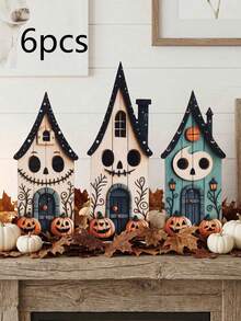 1/3pcs Halloween Haunted House Desktop Decor, Halloween Haunted House Wooden Block Sign, Suitable For Home Decor, Perfect For Halloween Decoration, Party Setup And Gifts, Party Decoration - Multicolor - View 12