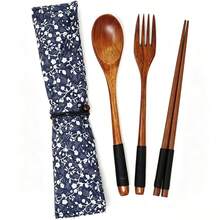 3pcs Wooden Flatware Set,Wooden Convenient Tableware Spoon Chopsticks And Fork,Kitchen,Christmas Gift,School Supplies - Brown - View 4