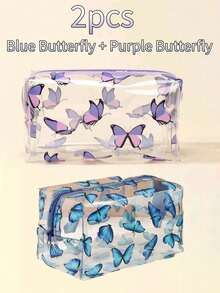 1/2pcs Butterfly Print Transparent Storage Bag, High Aesthetics, PVC Transparent Material, Zipper Closure, Convenient, Suitable For Storing Makeup, Stationery, Short Trips, Travel Organization, Direct View Of Internal Items, Gift For Girlfriend, Mother - A - View 13