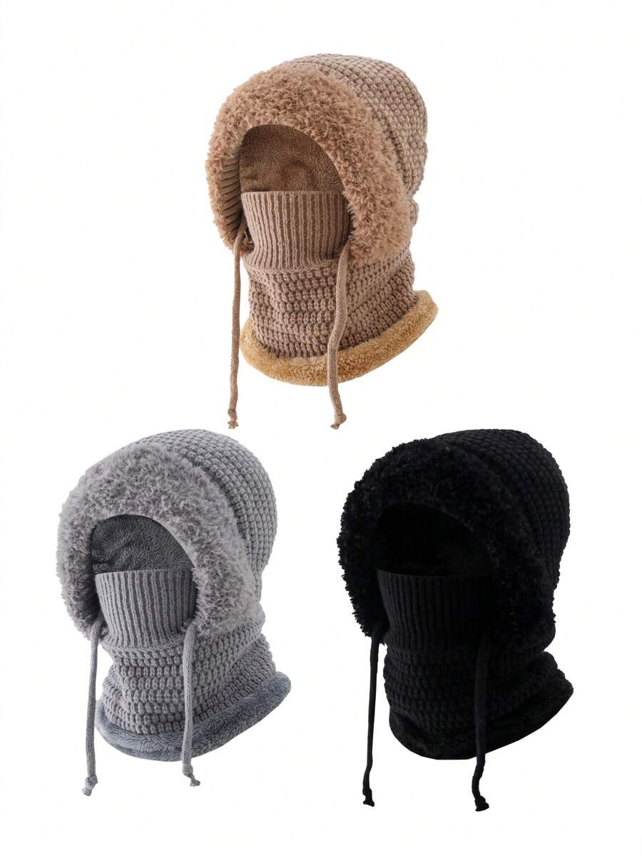 Winter Balaclava Hat For Women Men, Fleece Lined Knit 3‑In‑1 Warm Hooded Hat With Face Mask Neck Warmer, Windproof Drawstring Winter Hat For Outdoor Skiing Cycling - A - View 1