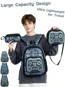 Juego de 3 piezas de mochila con patrón de controlador de juego, incluye bolsa de almuerzo aislada y estuche para lápices, mochila escolar impermeable de gran capacidad y múltiples capas, adecuada para la escuela - Multicolor - Ver 1