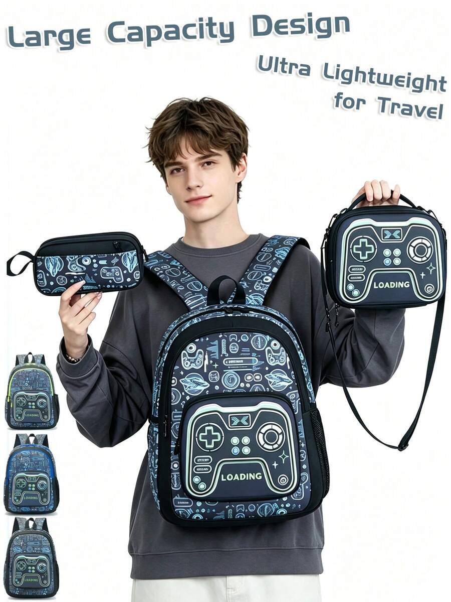 Juego de 3 piezas de mochila con patrón de controlador de juego, incluye bolsa de almuerzo aislada y estuche para lápices, mochila escolar impermeable de gran capacidad y múltiples capas, adecuada para la escuela - Multicolor - Ver 1