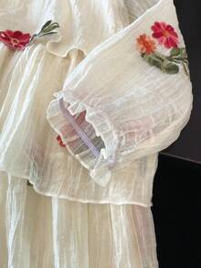 Girls' French Country Style Floral Embroidered Sweet Petal Sleeve Princess Dress, Random Embroidery, Autumn - Apricot - View 7