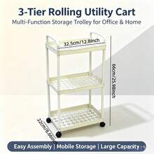 3-Tier Rolling Storage Cart With Wheels, Multi-Functional Storage Rack With Handle, Space-Saving Storage Rack With Silent Wheels + Top Handle, Plastic Mobile Storage Rack Suitable For Kitchen, Bathroom, Office, Bedroom, Lightweight Multi-Functional Cart, Home, Office, Bathroom Universal - Cream White 3-tier Hollow Mobile Storage Trolley - View 6