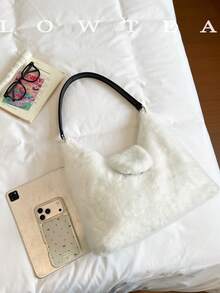 low tea 1pc Minimalist Fashion Wanderer Style Plush Fabric Shoulder Bag, Suitable For Commuting, Shopping, Etc. - White - View 4